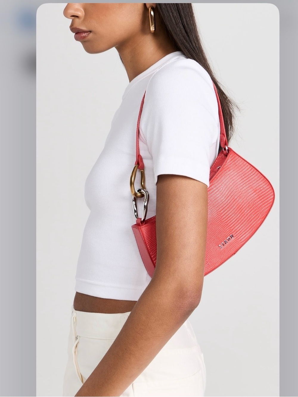 STAUD Ollie Coral-Red Shoulder Bag with Mixed Metal Hardware - Picture 2 of 9
